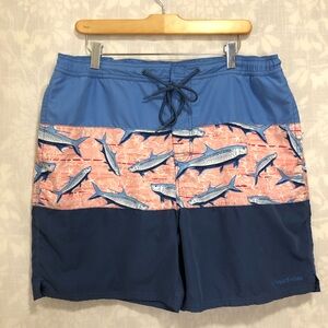 Mens Vineyard Vines Blue and Pink Bass Fish Striped Swim Trunks Board Shorts